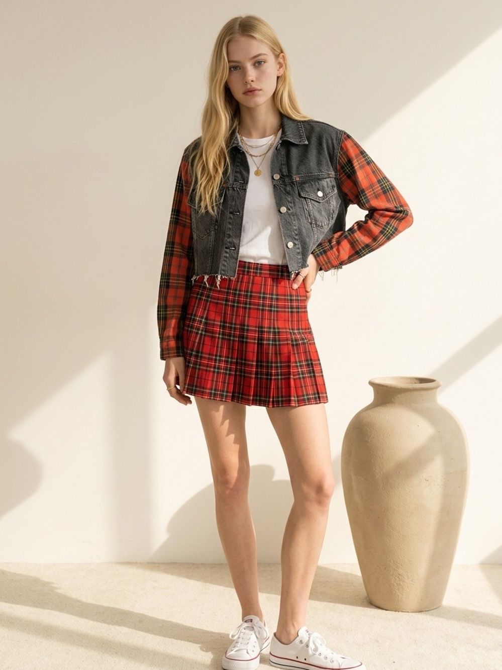 From The Makers of Free People Cropped Denim Jacket with Plaid Sleeves